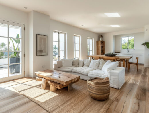 Salon espacioso y muy luminoso, contemporaneo, rustico, con sofa blanco, ventanales, mesas y muebles de madera y objetos de rafia. Suelos de madera clara con vistas a la naturaleza